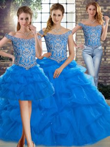 High Class Blue Off The Shoulder Neckline Beading and Pick Ups Sweet 16 Quinceanera Dress Sleeveless Lace Up