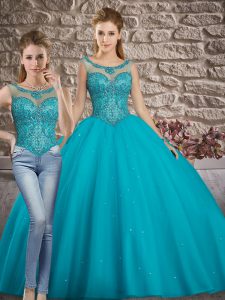 Hot Sale Sleeveless Tulle Floor Length Lace Up 15 Quinceanera Dress in Teal with Beading