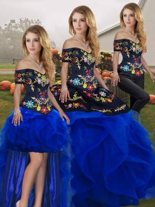Royal Blue Sweet 16 Dresses Military Ball and Sweet 16 and Quinceanera with Embroidery and Ruffles Off The Shoulder Slee