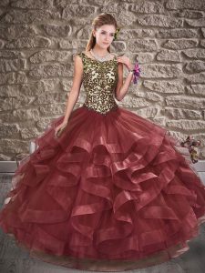 Burgundy Sweet 16 Dress Military Ball and Sweet 16 and Quinceanera with Beading and Ruffles Scoop Sleeveless Lace Up
