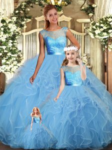 Shining Floor Length Ball Gowns Sleeveless Baby Blue 15 Quinceanera Dress Backless