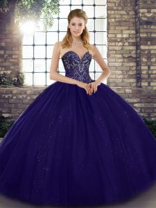 Deluxe Sleeveless Floor Length Beading Lace Up 15 Quinceanera Dress with Purple