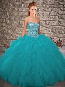 Cheap Sleeveless Floor Length Beading and Ruffles Lace Up 15 Quinceanera Dress with Teal