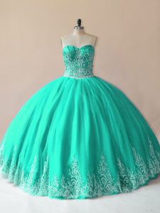 New Arrival Turquoise Ball Gowns Embroidery Ball Gown Prom Dress Lace Up Tulle Sleeveless Floor Length