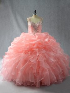 Fashion Peach Ball Gowns Beading and Ruffles and Pick Ups Sweet 16 Quinceanera Dress Zipper Organza Sleeveless Floor Len