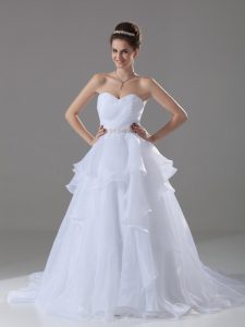 A-line Sleeveless White Wedding Gowns Brush Train Lace Up