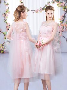 Tea Length Lace Up Dama Dress for Quinceanera Baby Pink for Wedding Party with Appliques and Belt