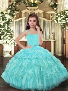 Aqua Blue Lace Up Little Girl Pageant Dress Ruffled Layers Sleeveless Floor Length