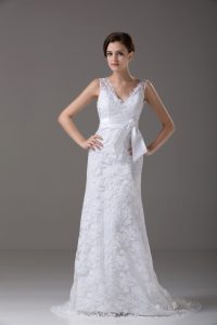 Beauteous V-neck Sleeveless Brush Train Backless Wedding Dresses White Lace