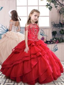 Classical Halter Top Sleeveless Lace Up Kids Formal Wear Red Organza
