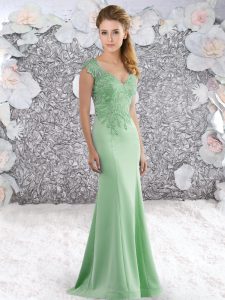 Affordable Apple Green Cap Sleeves Satin Sweep Train Zipper Celebrity Dresses for Prom and Party
