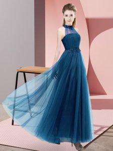Free and Easy Floor Length Empire Sleeveless Blue Bridesmaid Dress Lace Up