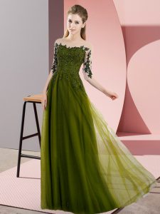 New Arrival Olive Green Half Sleeves Beading and Lace Floor Length Vestidos de Damas