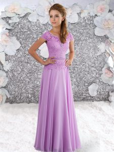 Trendy Lavender Chiffon Zipper Homecoming Dress Short Sleeves Floor Length Beading and Lace