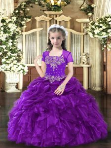 Unique Purple Straps Lace Up Beading and Ruffles Kids Pageant Dress Sleeveless