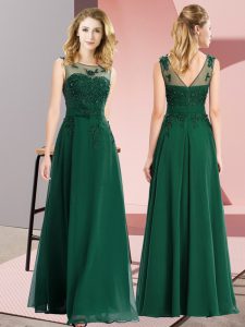 Perfect Dark Green Empire Chiffon Scoop Sleeveless Beading and Appliques Floor Length Zipper Bridesmaid Dresses