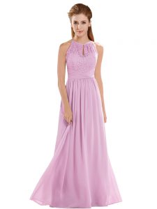 Unique Chiffon Halter Top Sleeveless Backless Lace Prom Dress in Lilac