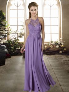 Simple Sleeveless Floor Length Lace Criss Cross Bridesmaid Dress with Lavender