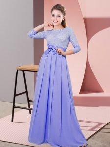 Luxury Lavender Empire Scoop 3 4 Length Sleeve Chiffon Floor Length Side Zipper Lace and Belt Bridesmaid Dress