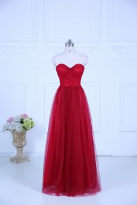Chic Wine Red Empire Sweetheart Sleeveless Tulle Floor Length Zipper Ruching Bridesmaid Dresses