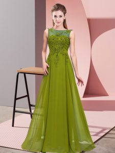 Artistic Olive Green Chiffon Zipper Bridesmaid Dresses Sleeveless Floor Length Beading and Appliques