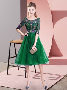 Captivating Dark Green Half Sleeves Embroidery Knee Length Wedding Guest Dresses