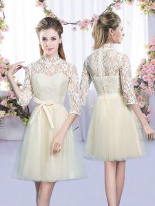 Fitting Champagne Empire Bowknot Bridesmaids Dress Lace Up Tulle Half Sleeves Mini Length