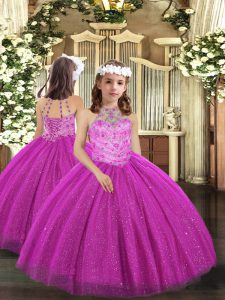 Halter Top Sleeveless Lace Up Girls Pageant Dresses Fuchsia Tulle
