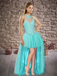 Sleeveless Tulle High Low Lace Up Homecoming Dress in Aqua Blue with Beading and Lace
