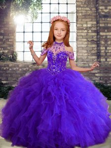 Affordable Purple Sleeveless Beading and Ruffles Floor Length Little Girls Pageant Dress