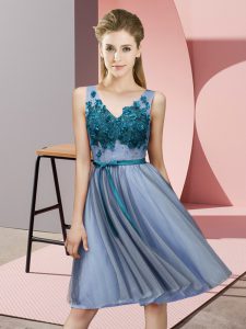 Blue Empire Tulle V-neck Sleeveless Appliques Knee Length Lace Up Damas Dress