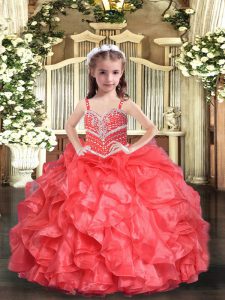 Coral Red Organza Lace Up Straps Sleeveless Floor Length Pageant Gowns For Girls Beading and Ruffles