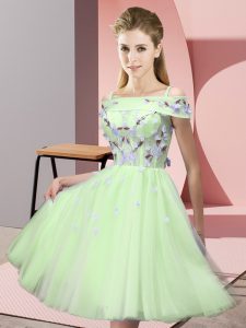 Appliques Damas Dress Yellow Green Lace Up Short Sleeves Knee Length