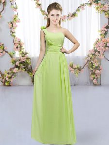 Pretty Floor Length Yellow Green Dama Dress for Quinceanera Chiffon Sleeveless Hand Made Flower