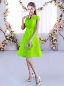 Yellow Green Lace Up V-neck Lace Wedding Guest Dresses Lace Cap Sleeves