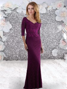 Vintage Fuchsia Half Sleeves Lace Sweep Train Zipper for Prom and Party