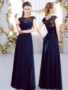 Navy Blue Empire Chiffon Scoop Cap Sleeves Lace and Belt Floor Length Zipper Court Dresses for Sweet 16