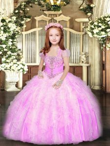 Lilac Ball Gowns Straps Sleeveless Tulle Floor Length Lace Up Beading and Ruffles Little Girls Pageant Dress