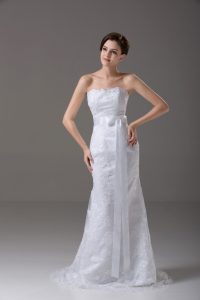Superior White Mermaid Strapless Sleeveless Tulle Brush Train Zipper Lace and Belt Wedding Gown