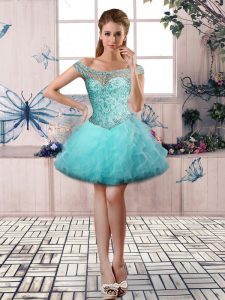 Sleeveless Mini Length Beading and Ruffles Lace Up Evening Dress with Aqua Blue