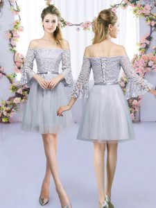 Adorable Grey Lace Up Off The Shoulder Lace and Belt Wedding Party Dress Tulle 3 4 Length Sleeve