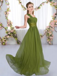 Olive Green Bridesmaid Gown Wedding Party with Ruching One Shoulder Sleeveless Lace Up