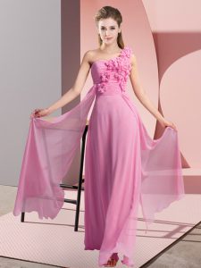 Stunning Rose Pink Chiffon Lace Up Bridesmaid Dresses Sleeveless Floor Length Hand Made Flower