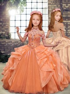 Ball Gowns Little Girls Pageant Dress Wholesale Orange High-neck Organza Sleeveless Floor Length Lace Up