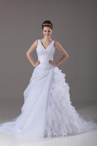 Deluxe White Wedding Dress Wedding Party with Beading and Ruffles V-neck Sleeveless Brush Train Lace Up