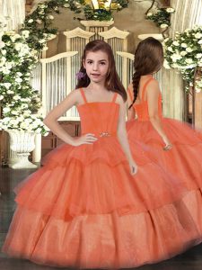 Custom Designed Orange Red Evening Gowns Party and Sweet 16 and Wedding Party with Ruffled Layers Straps Sleeveless Lace