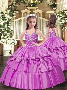 Lilac Taffeta Lace Up Straps Sleeveless Floor Length Little Girls Pageant Dress Beading