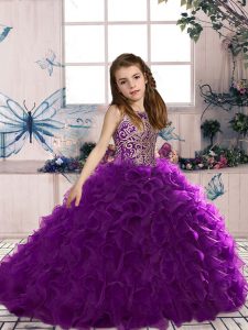Floor Length Ball Gowns Sleeveless Eggplant Purple Little Girl Pageant Gowns Lace Up