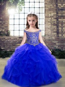 Pretty Royal Blue Tulle Lace Up Little Girls Pageant Dress Wholesale Sleeveless Floor Length Beading and Ruffles