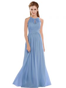 Customized Floor Length Blue Dress for Prom Halter Top Sleeveless Backless